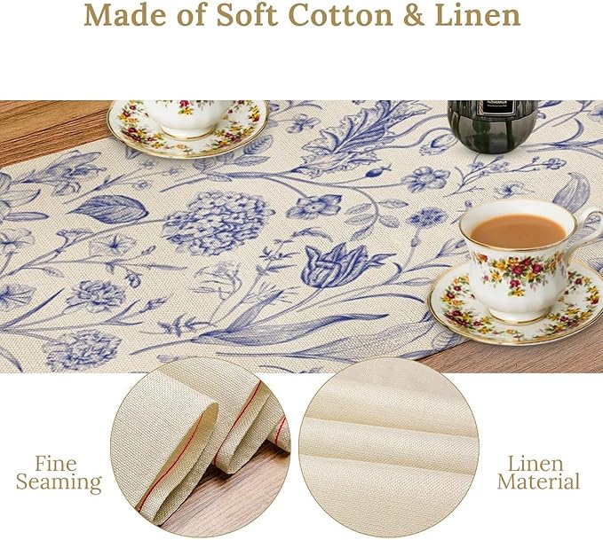 Monochrome Sketch Flowers Table Runner, Seasonal Spring Fall Plants Blue Florals Dinner Runner for Home Kitchen Dining Table Party Holiday Decoration 13"x120"