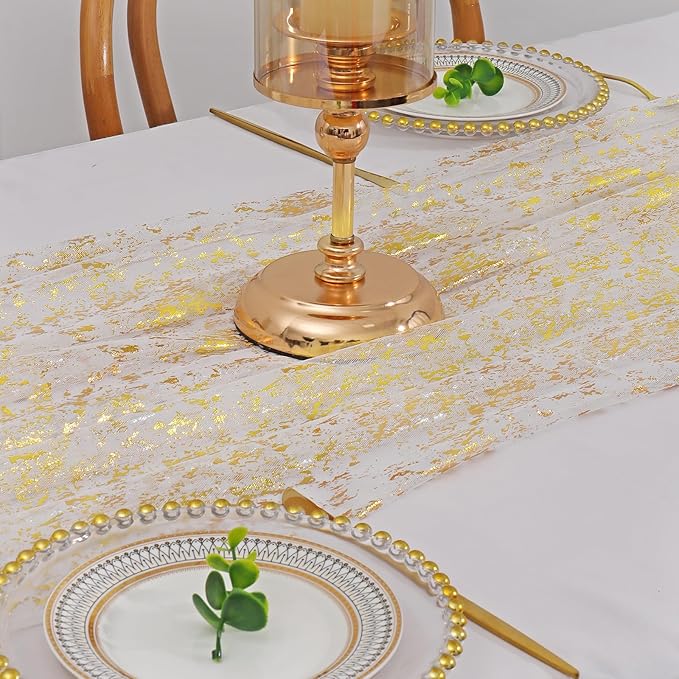LOMOHOO 10 Ft Gold Table Runner, Golden Sheer Sequin Table Runners 120 Inches Long Glitter Metallic Foil Lace Fabric Table Decor for Birthday Party Wedding Anniversary Centerpiece (1pcs)