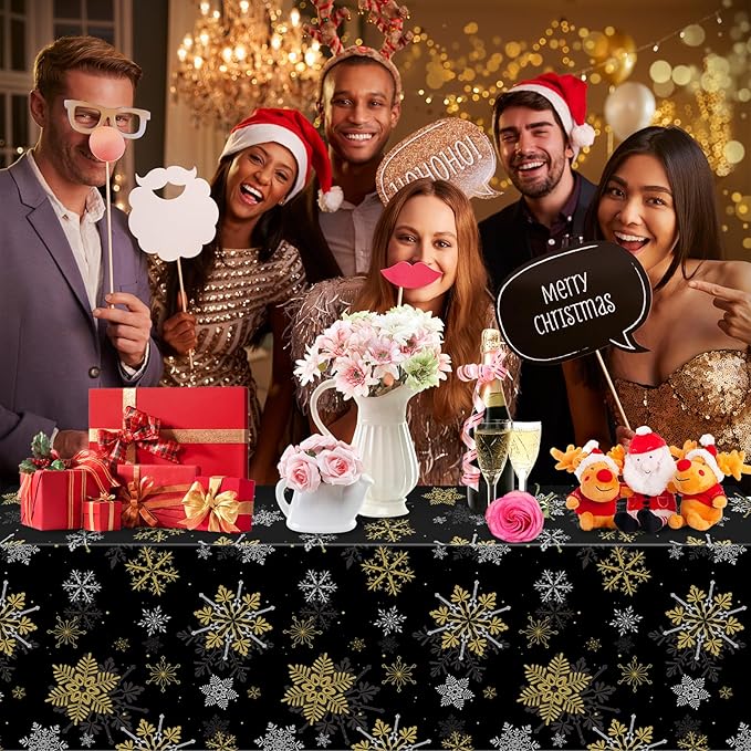 3Pcs Christmas Snowflake Party Tablecloths Decorations,Plastic Black and Gold Table Cloth,Winter Rectangle Table Cover for Christmas New Year Birthday Baby Shower Holiday Party Decorations,54x108 inch