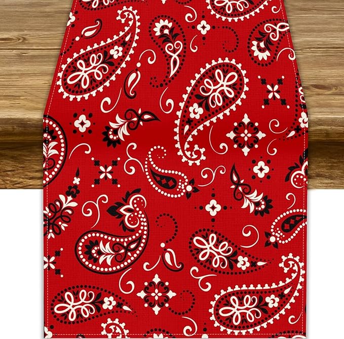 Paisley Table Runner, Boho Vintage Western Red Paisley Flower Print Table Runner for Kitchen Dining Table Wedding Holiday Party Decor, 13x36inch