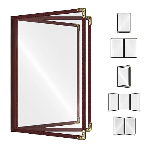 Goodsmart Restaurant Menu Covers - Burgundy, 25 Pack, 8.5" x 11", 3-Page/6-View, Side-Loading Vinyl Menu Holders, Clear Sleeves, Double-Stitched Edge, Leather-Style Café Covers with Gold Corners