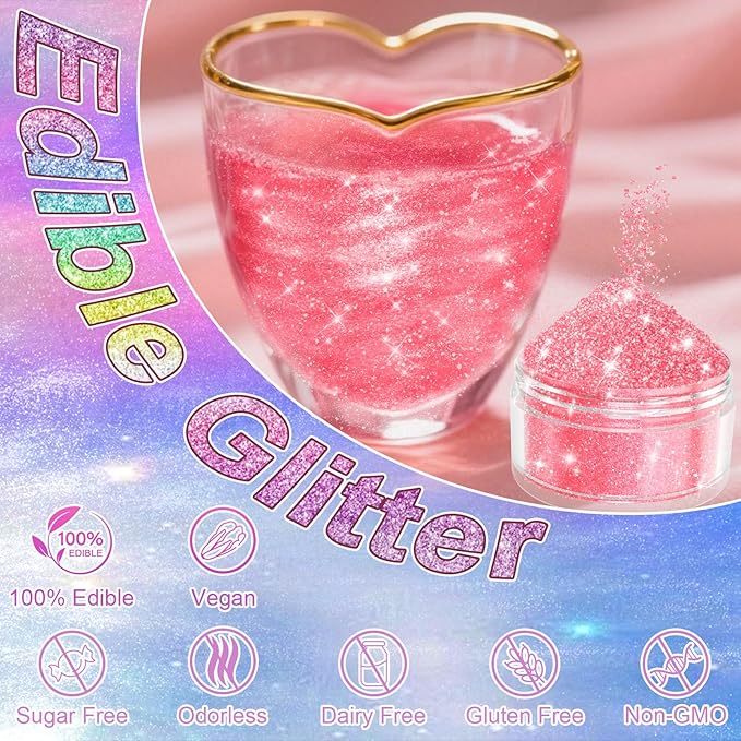 Edible Glitter Powder for Drinks and Cakes, 20 Colors, 2g Bottles