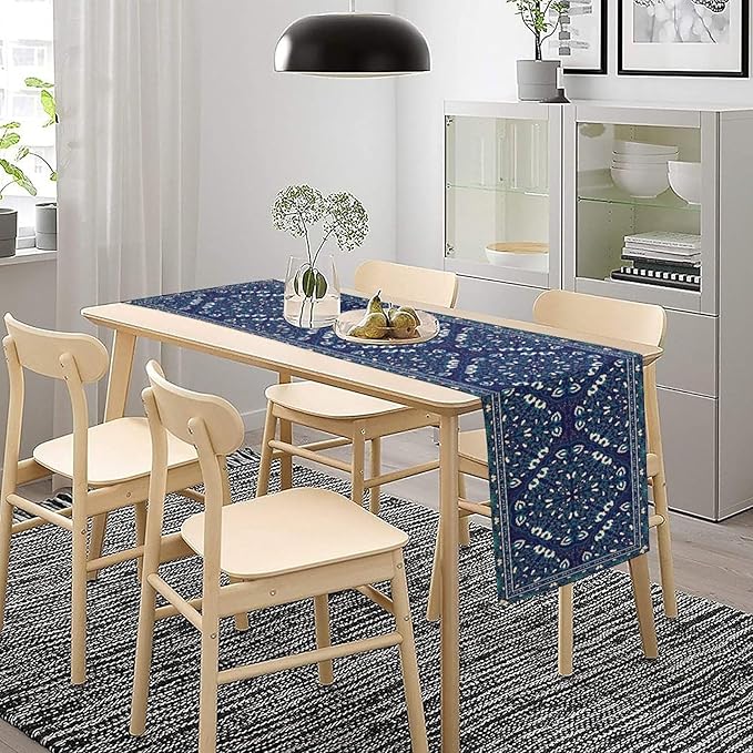 Boho Floral Vintage Table Runner, Retro Morris Abstract Blue Flower Rustic Country Farmhouse Pattern for Home Kitchen Table Decor Dining Coffee Room Wedding Party Decor 13x108in