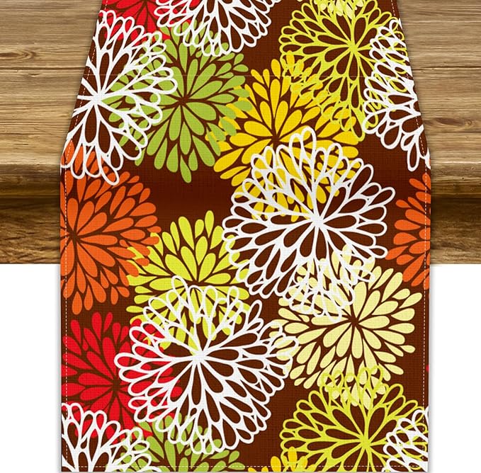 Brown Dahlia Floral Table Runner, Seasonal Autumn Thanksgiving Pattern Print for Home Kitchen Table Decor Dining Coffee Room Party Decor 13x36 Inch