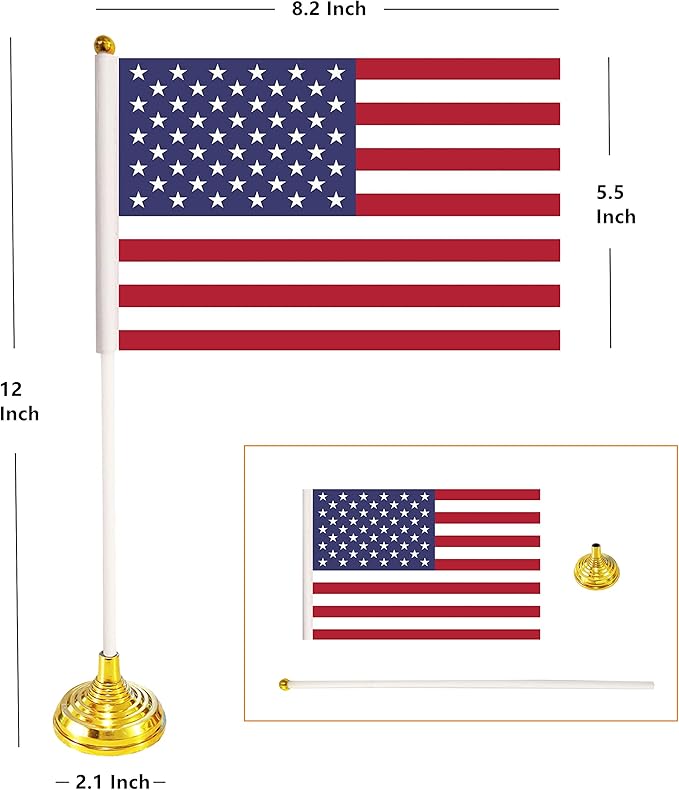 100 Pack USA US Desk Flags,Small Mini American Deluxe Table Flags Set with Stand Base，8.2 x 5.5 inches Miniature Desktop Flag