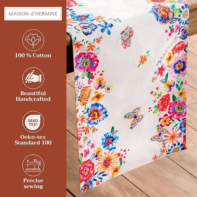 Maison d' Hermine Table Runner 100% Cotton Double Layer Table Runners 72 inches Long Decorative for Home Dining Party Wedding Bridal Shower Spring Summer (Happy Florals - High Summer, 14.50" x 72")