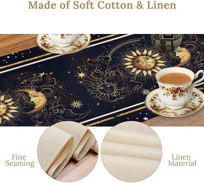 Sun Moon Table Runner, Seasonal Golden Sun Moon Holiday Kitchen Dining Table Runner for Kitchen Living Room Home Party Decor 13x60 Inch