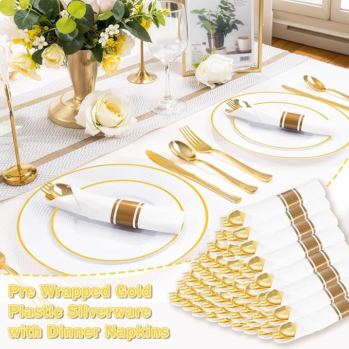 Spoons, Gold Plastic Disposable Cutlery Set with Napkins, 400 Pieces