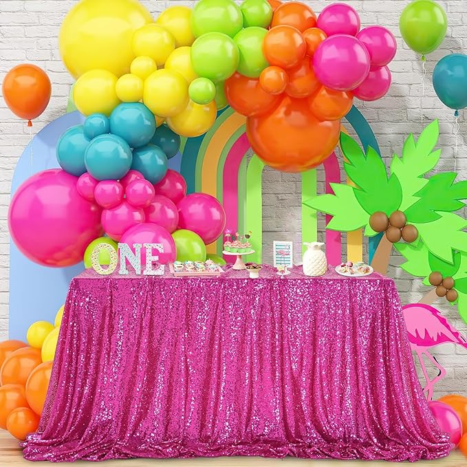 QueenDream Rectangular Sequin Tablecloth 90 x 132 inch Sparkly Patio Table Cloth for Spring Party Wedding Baby Shower Table Decoration Fuchsia
