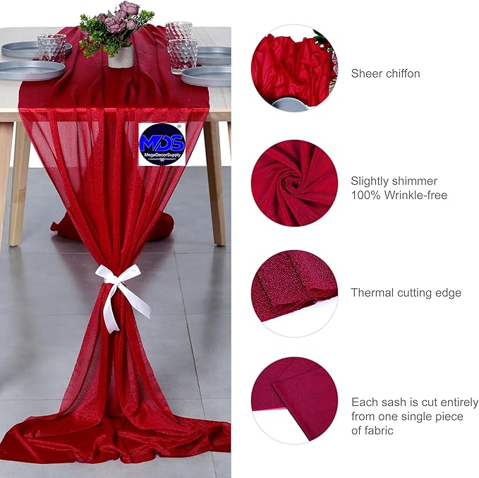 MDS 2 Pack 10ft Chiffon Table Runner 29 x 120 Inches Sheer Wedding Runner Romantic Rustic Table Runner for Wedding Decorations, Birthday Parties, Bridal Shower Party Arch Decor - Apple red