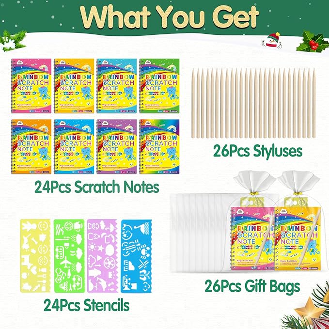 ZMLM Rainbow Scratch Party Favors Kids: Birthday Gifts Toy Bulk Scratch Art Notebook 24 Pack Birthday Goodie Bags Stuffers Girls Boys Art Craft Pads Classroom Prizes School Supplies Stocking Stuffers