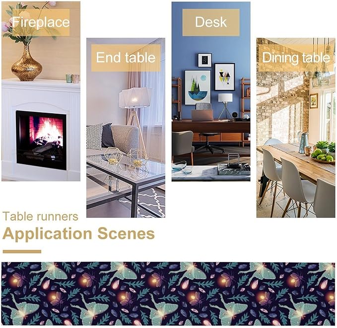 Moth Table Runner, Retro Boho Aesthetic Blue Moth Magic Table Runner for Home Kitchen Dining Party Indoor Outdoor Decoration 13x108 Inch
