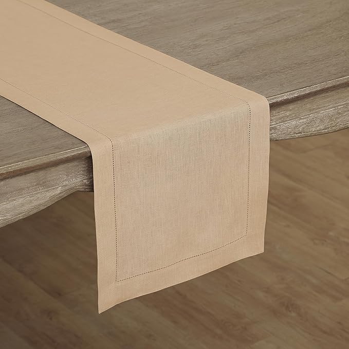 Solino Home Linen Beige Table Runner 90 Inches Long - 100% Pure Linen 14 x 90 Inch Table Runner for Fall, Autumn, Thanksgiving, Christmas - Classic Hemstitch