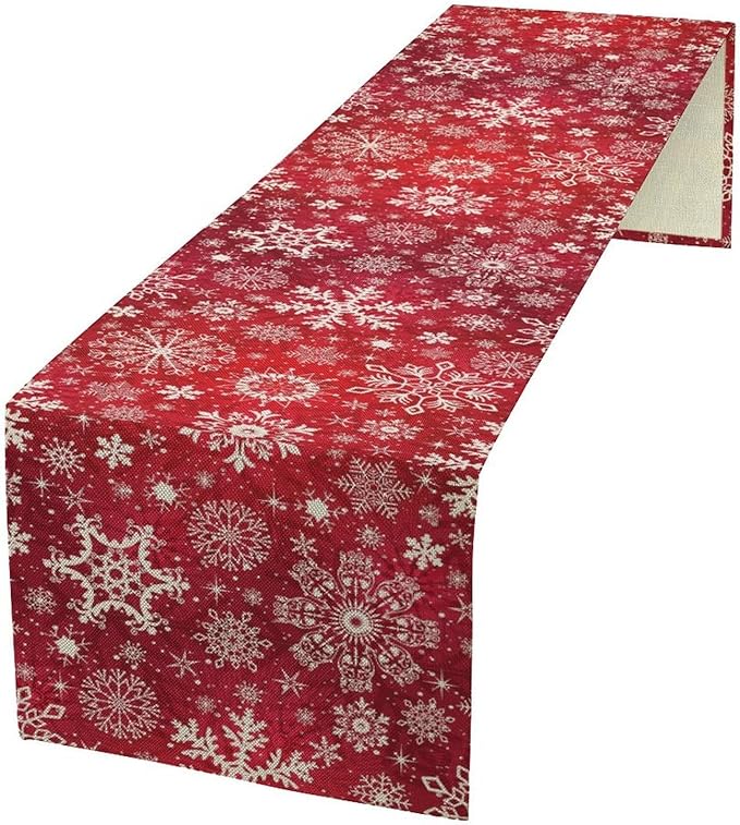 Snowflakes Christmas Table Runner, Winter Holiday Red Table Cloth Kitchen Dining Table Decoration for Home Party Decor 13x108 Inch