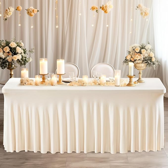 Wish Care 2 Pack Ivory Spandex Table Clothes for 6 Foot Rectangle Tables, 6FT Wrinkle Free Fitted Tablecloths Ruffles Design Table Cover for Party, Banquet, Wedding and Events