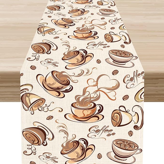 Coffee Time Table Runner, Farmhouse Retro Coffee Cup Tea Party Cafe Table Center Decor for Home Kitchen Dining Patio Holiday Party Indoor Outdoor Table Decorations,13"x108" Inch