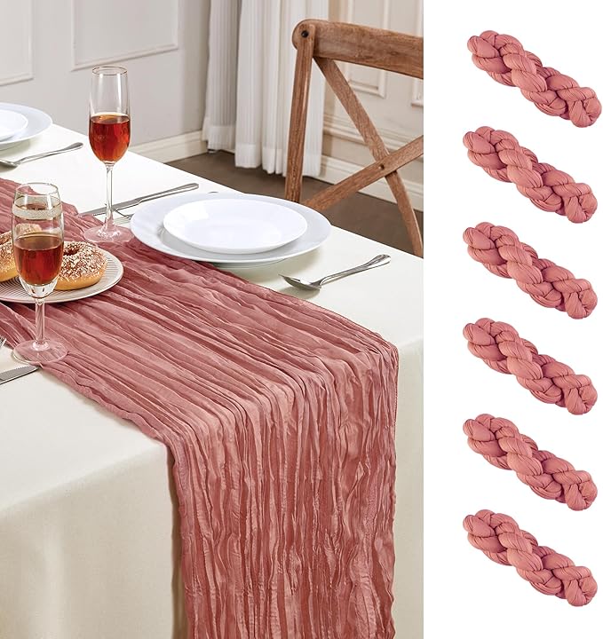 6 Pack Rose Cheesecloth Table Runner 10FT Long Boho Gauze Table Runner Rustic Sheer Runner for Wedding Bridal Baby Shower Birthday Party Table Decor Thanksgiving Christmas Decorations