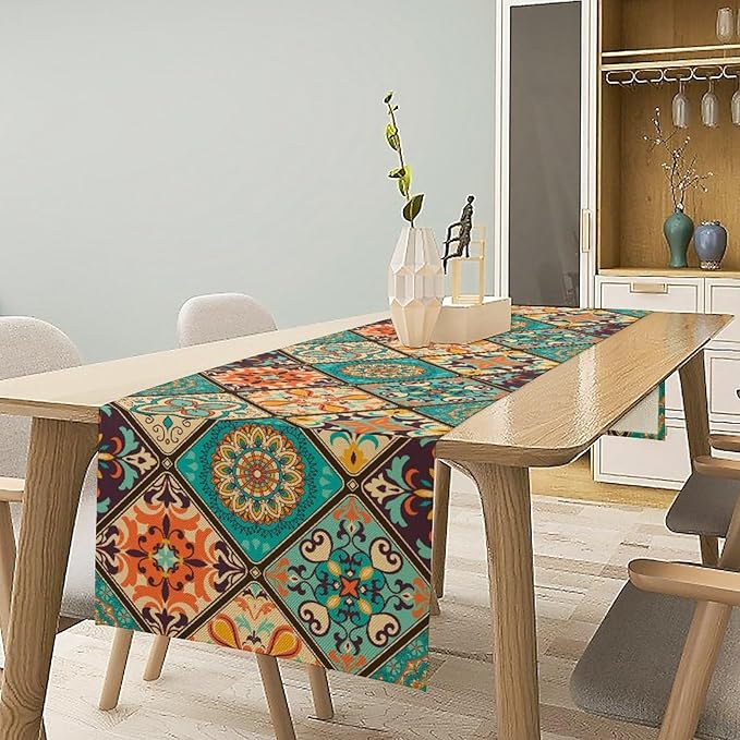 Bohemian Patchwork Table Runnerboho Colorful Tile Patchwork Indian Floral Print Table Runner for Home Kitchen Indoor Outdoor Party Wedding Decor, 13x108inch