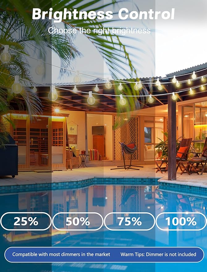 String Lights with 50 Warm White G40 LED Bulbs, Dimmable Outdoor
