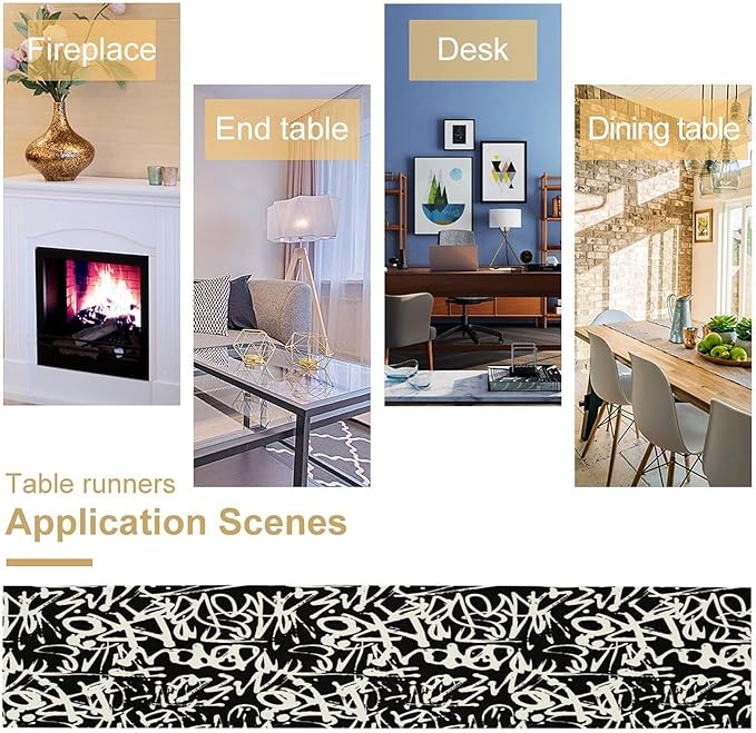 Graffiti Table Runner,Black White Abstract Messy Art Theme Pattern Print Tablecloth Burlap for Hotel Indoors Outdoor Dining Room Kitchen Home Decor,W13X L36 in