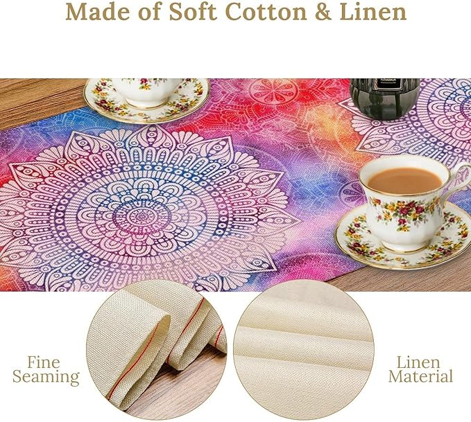 Vintage Mandala Table Runner, Bohemian Indian Purple Starry Colorful Floral Print Table Runner for Home Kitchen Dining Table Party Decor, 13x108inch