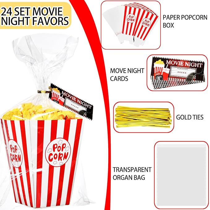 Popcorn Box Movie Night Party Favors Set of 24 with Cellophane Bags