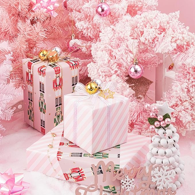 LeZakaa Christmas Pink Wrapping Paper Mini Roll for Kids, Pink Metallic Foil Gift Wrap Paper with Red & Green Nutcracker Soldier & Stripe Reversible Design, 17 inches x 32.8 Feet