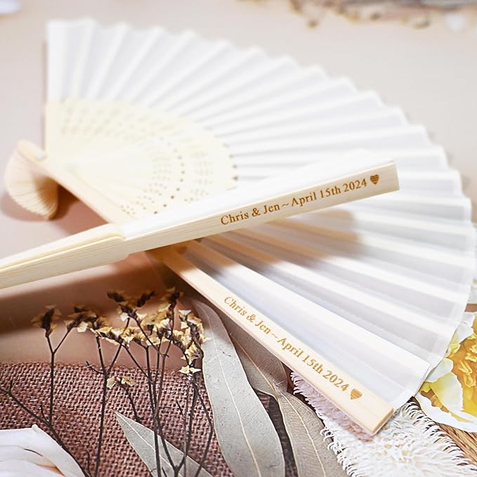 Personalized Engraved 40 Pcs White Silk Fans, Folding Hand Fans, Wedding Party Favors, Bridal Shower Dancing Props, Gifts, Birthday Party Supplies