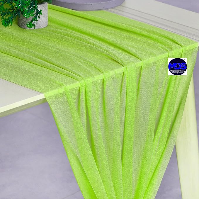 MDS 15 Pack 10ft Chiffon Table Runner 29 x 120 Inches Sheer Wedding Runner Romantic Rustic Table Runner for Wedding Decorations, Birthday Parties, Bridal Shower Party Arch Decor - Parrot Green