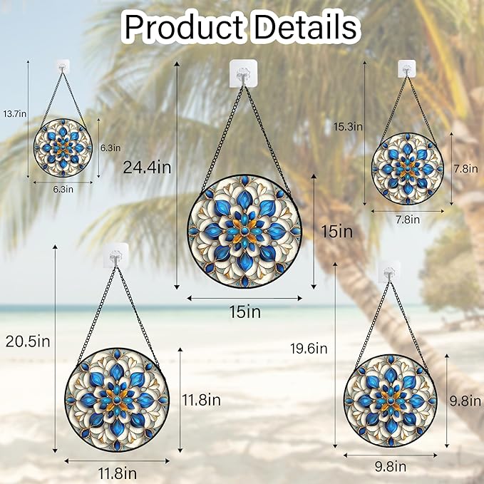 Stained Glass Window Hanging - Blue and White Abstract Flowers Suncatcher for Door Terrace Garden Home Decor, Gold Sun Catcher Birthday Gifts for Lovers Women Men Dad Mom Nana 11.8 in