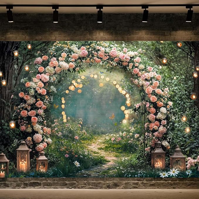 10x8ft Enchanted Forest Wedding Photography Backdrop Wonderland Roses Fairy Tale Backdrop Pink Flower Birthday Newborn Baby Shower Wedding Bridal Party Banner Photo Booth Props Anniversary Background
