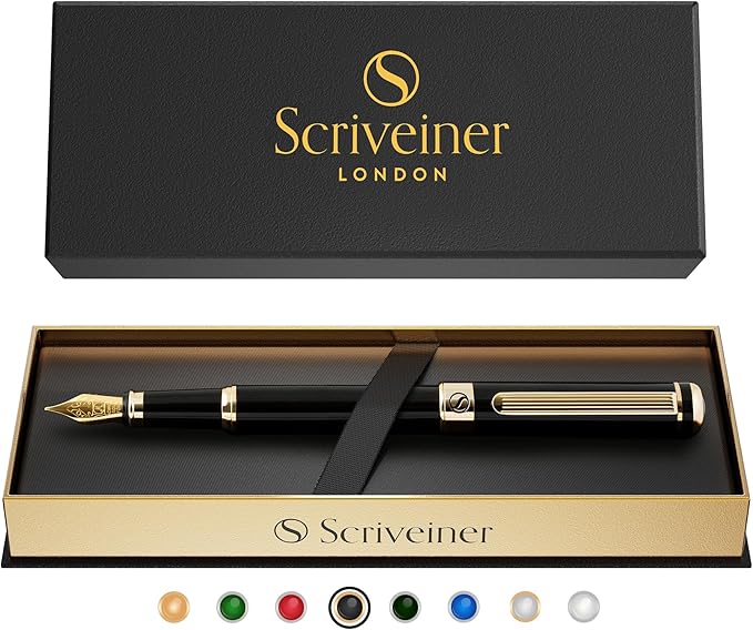 Scriveiner Black Lacquer Fountain Pen - Stunning Luxury Pen, Real Gold Finish, Schmidt Gilded Nib (Extra Fine), Best Pen Gift Set for Men & Women, Professional, Executive, Office, Nice Pens