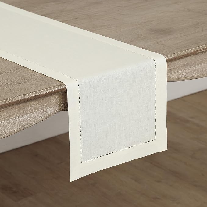 Solino Home Linen Ivory Table Runner 90 Inches Long - 100% Pure Linen Hemstitch 14 x 90 Inch Table Runner for Dining, Fall, Autumn, Thanksgiving, Christmas, Holiday - Classic Hemstitch