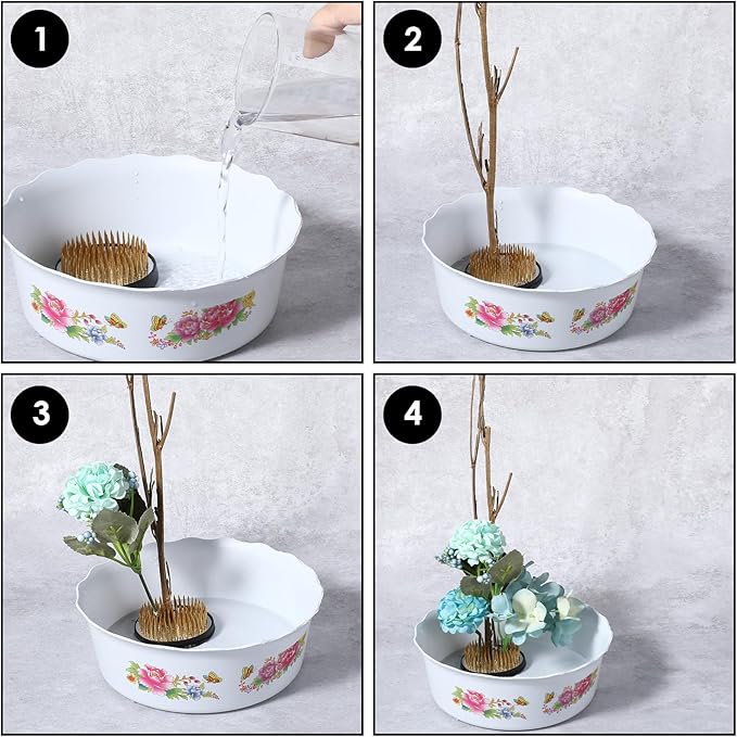 4/Set Flower Frog Japanese Ikebana Flower Arrangement Kenzan Kit, 2.4”Round Floral Frog Moribana+1.6”Square Ikebana Kenzan+2.1”x1.4”Rectangle Pin Frog+1.4”Round