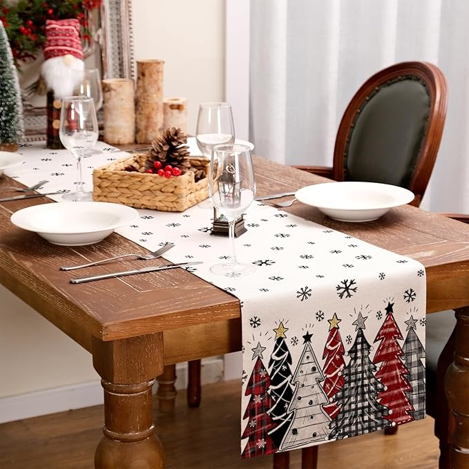 GEEORY Christmas Table Runner 13x60 Inch, Xmas Tees Snowflakes Holiday Decorative Farmhouse Table Decoration for Kitchen Dinning, Indoor Outdoor Dinner Party Decor ((Red & Black) GT165-60