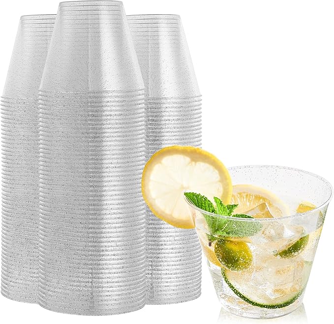 Cups, 9 oz Silver Glitter Hard Plastic Disposable, 100 Pack