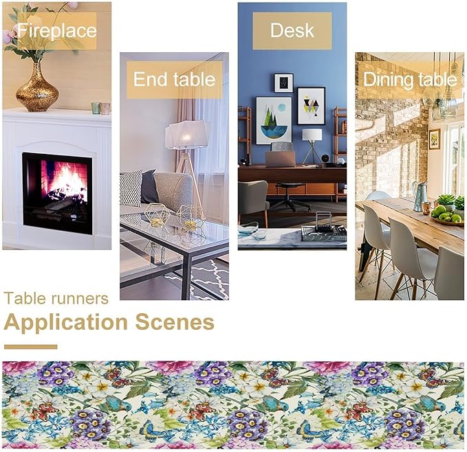 Brown Bird Floral Table Runner Spring Flower Kitchen Table Decoration Suitable for Family Dinner Decoration 13x36 Inch