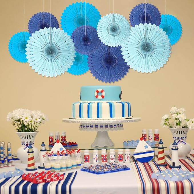 18 Pcs Blue Set Hanging Paper Fan, Hanging Honeycomb Round Paper Fans for Weddings, Birthdays, Baby Showers, Classroom, Events Ceiling Party Supplies Decorations