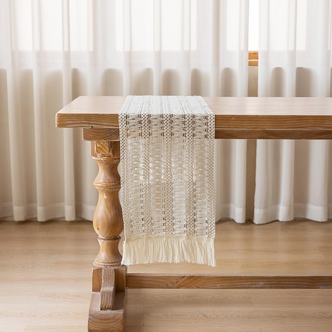 Boho Table Runner White for Home Decor 12x48 Inches Farmhouse Macrame Burlap Jute Rustic Dining Kitchen Centerpiece Bohemian Decor French Country Baby Bridal Shower Decorations