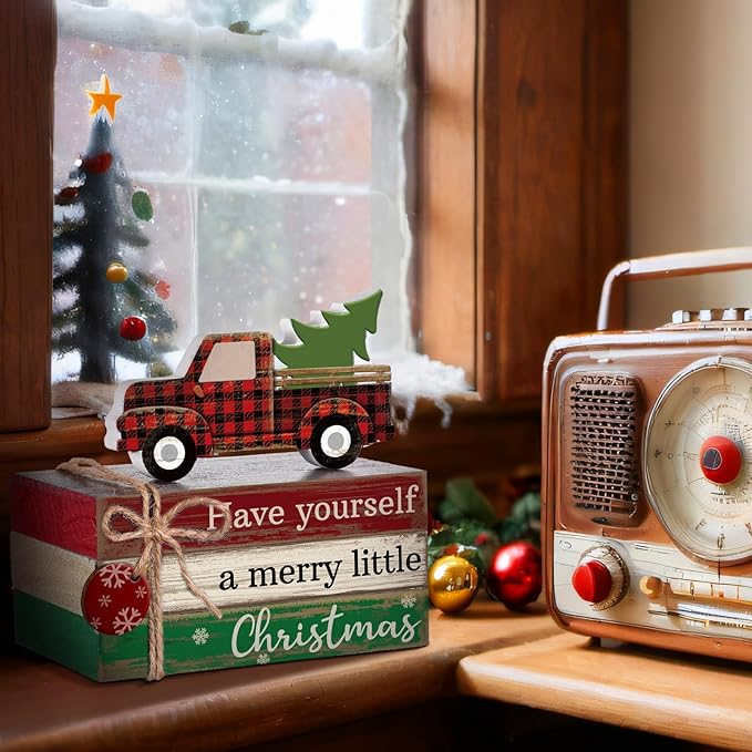 4 Pcs Christmas Table Decor Winter Table Decorations Christmas Tiered Tray Decor Decorative Truck Book Decorations Indoor Rustic Wooden Snowflake Block Sign Gift Farmhouse for Home Shelf
