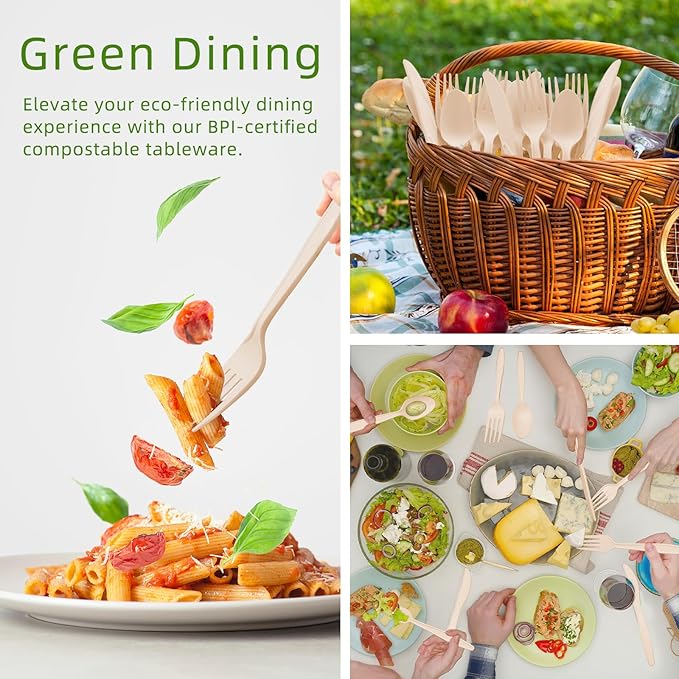 100% Compostable Silverware, Light Brown Plastic Silverware 100 Forks 100 Spoons 100 Knives, Compostable Utensils, No Plastic Utensil, Eco Friendly Disposable Cutlery for Party Office Wedding