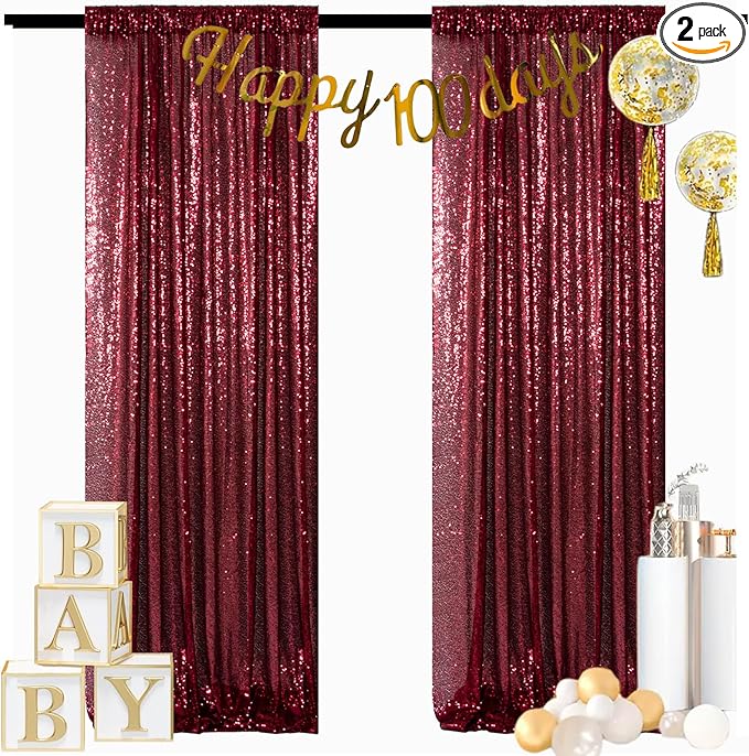 ShinyBeauty Glitter Burgundy Backdrop Curtains 2 Panels 4Ftx7Ft Sequin Curtain Photobooth Backdrops,Wine Wedding,Party,Birthday Wall Background