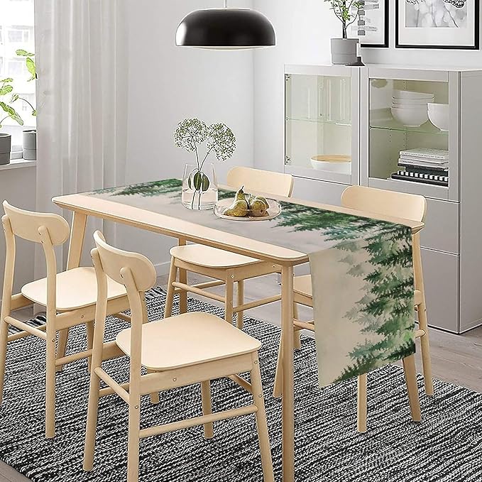 Foggy Forest Table Runner,Green Forest Natural Landscape Table Runner for Kitchen Dining Table Home Party Decoration 13x120 Inch