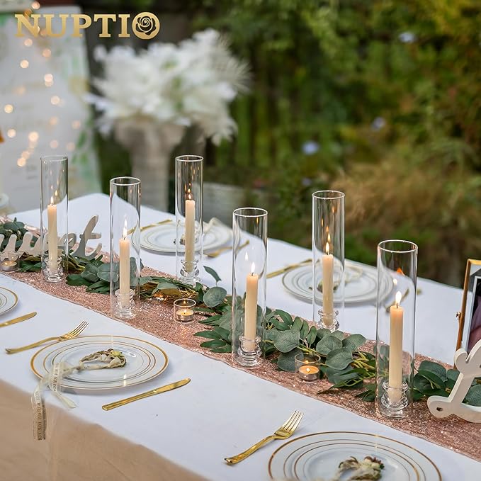 NUPTIO Taper Candle Holders Glass: Set of 2 Clear Hurricane Candlestick Holder - Fluted Candles Stick Stand with Tall Windproof Cylinder Cover for Thanksgiving Christmas Decor