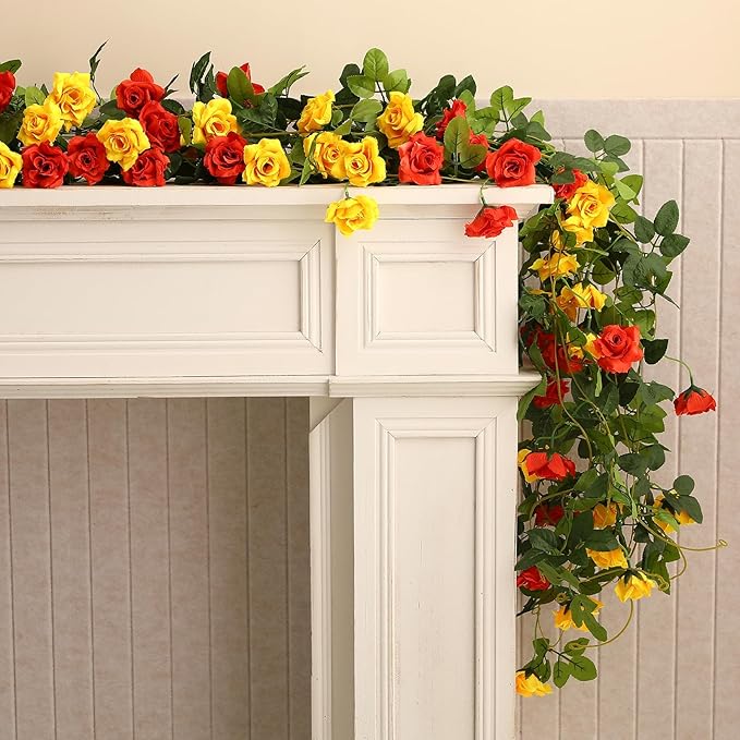 Floweroyal 6 Pack Artificial Flower Garlands 15.8FT Fake Rose Vines Silk Flowers Hanging Rose Ivy for Wedding Arch Party Home Garden Wall Decor (Orange Yellow)