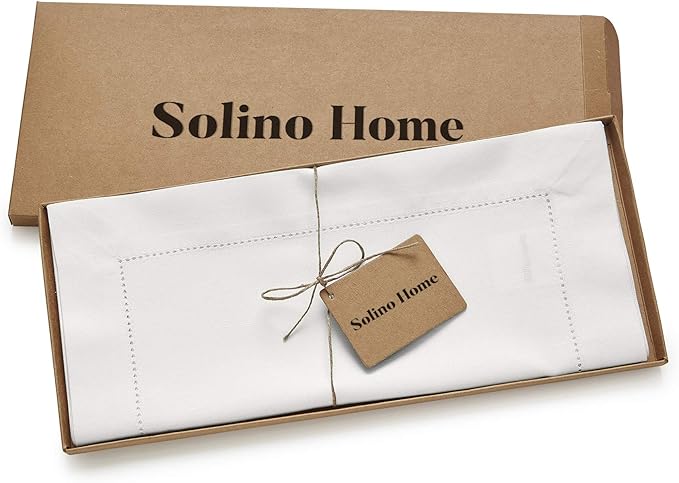 Solino Home Cotton Linen White Table Runner 72 Inches Long - Hemstitch Table Runner 14 x 72 Inch for Dresser, Dining, Fall, Autumn, Halloween, Thanksgiving, Christmas, Holiday