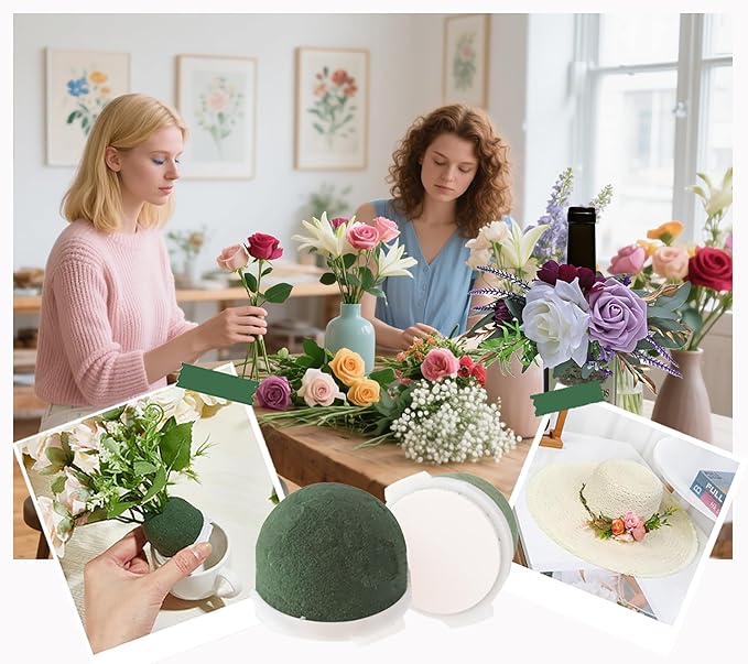 24PCS Round Floral Foam Blocks Holder Set Mini Flower Foam with Bouquet Accessories，Floral Wire, Plant Tape,Crafts Gift Ribbon