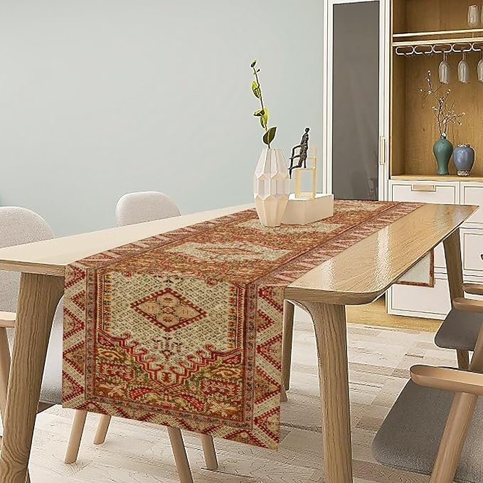 Boho Bohemia Style Orange Table Runner, Country Rustic Farmhouse Magical Abstract Print Pattern for Home Kitchen Table Decor Dining Coffee Room Garden Party Decor 13x36in