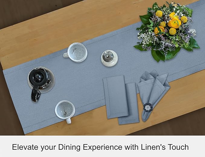 Ruvanti Linen Table Runner 72 Inches, Classic Hemstitch, Washable, Reusable, Non-Slipping, Stain Resistant- Perfect for Parties, Weddings, Dinners, Thanksgiving, Christmas, Indoor use – Grey