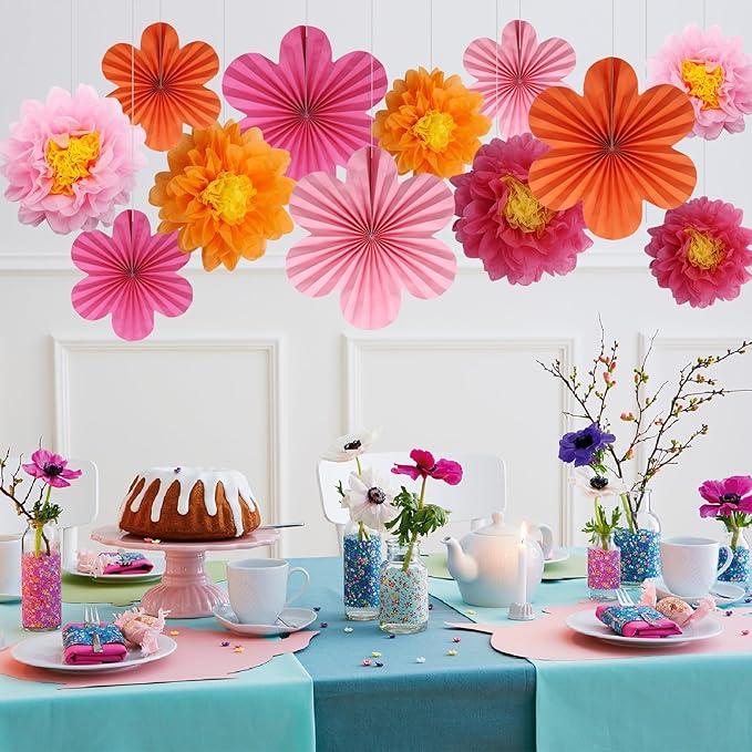 Paper Fan Party Decorations, 12 Pack, Orange and Hot Pink